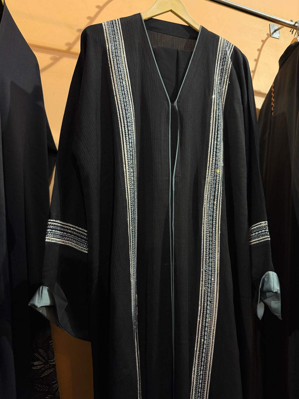 Z Black Embroidery front open Abaya in zoom fabric