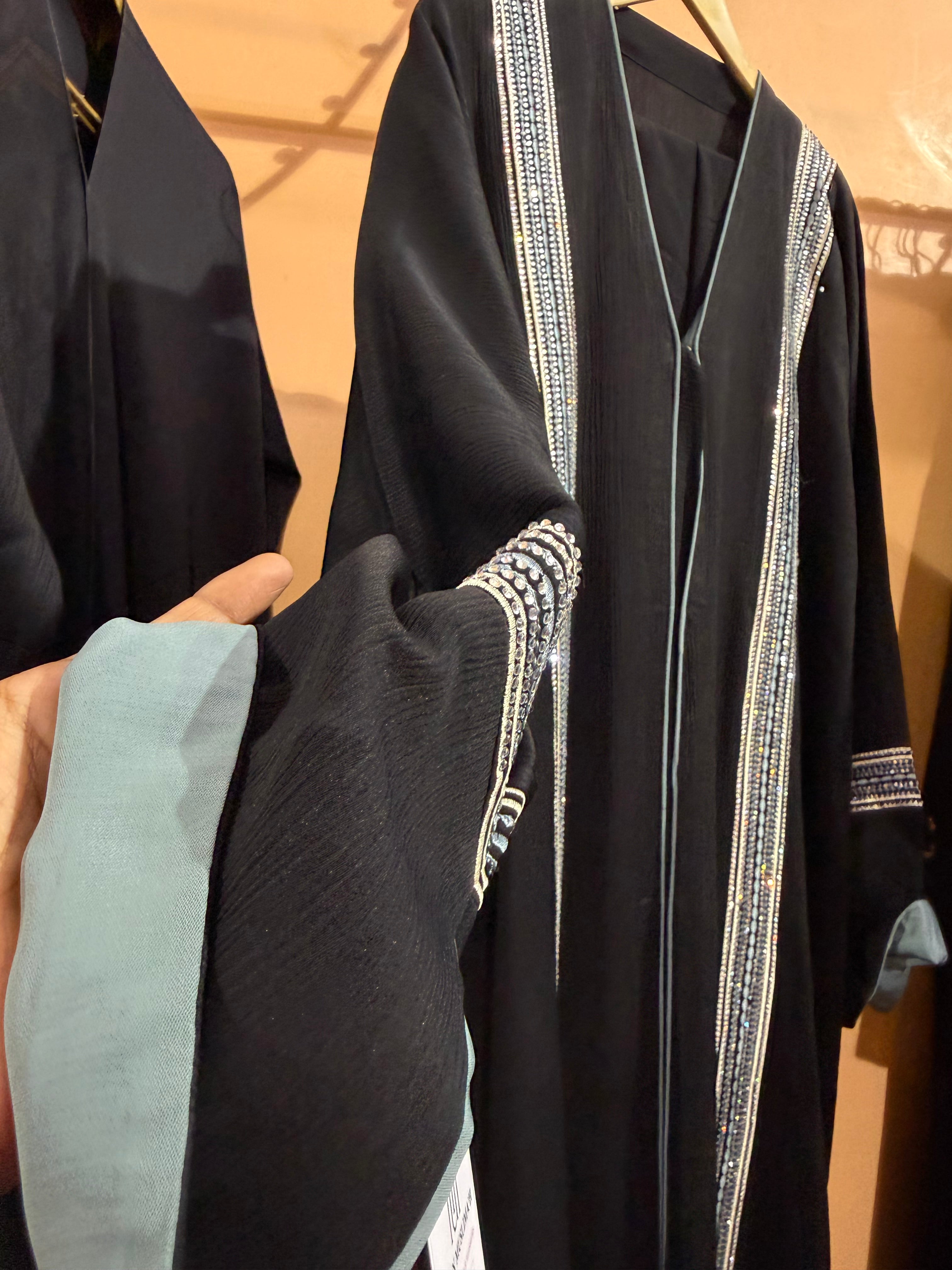 Z Black Embroidery front open Abaya in zoom fabric