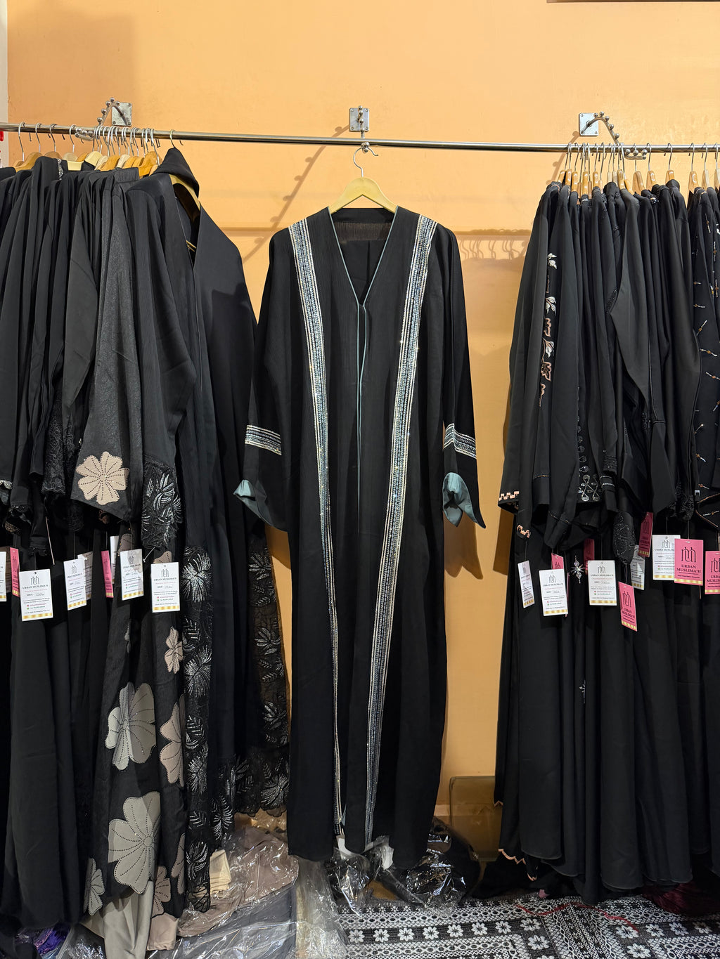 Z Black Embroidery front open Abaya in zoom fabric